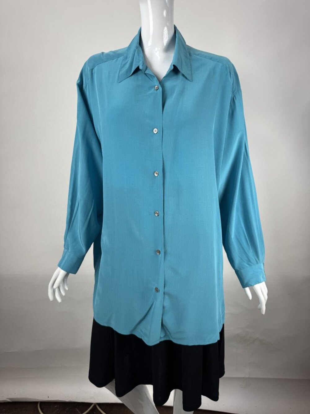Laura Ashley Teal 100% Silk Button-Up Blouse XL Made In China